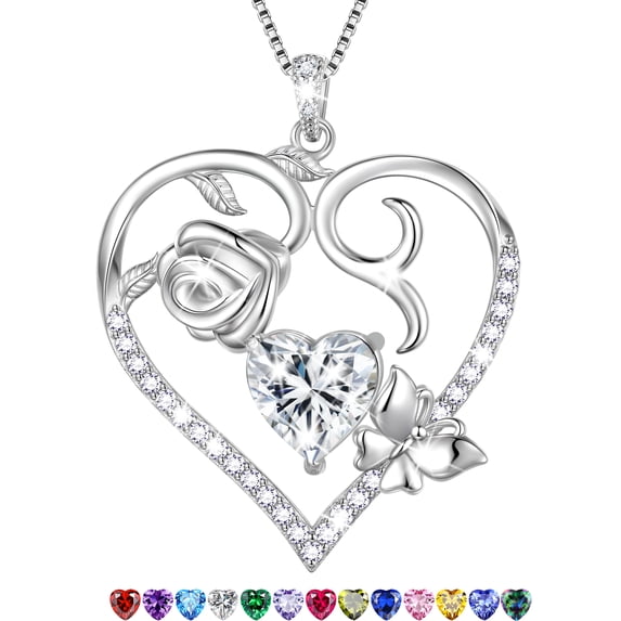 Beautlace 925 Sterling Silver Heart Rose Necklace,Butterfly Flower Cute Animal Pendant Necklace Jewelry Birthday Christmas Valentines Mother's Day Gifts for Women Mom -April