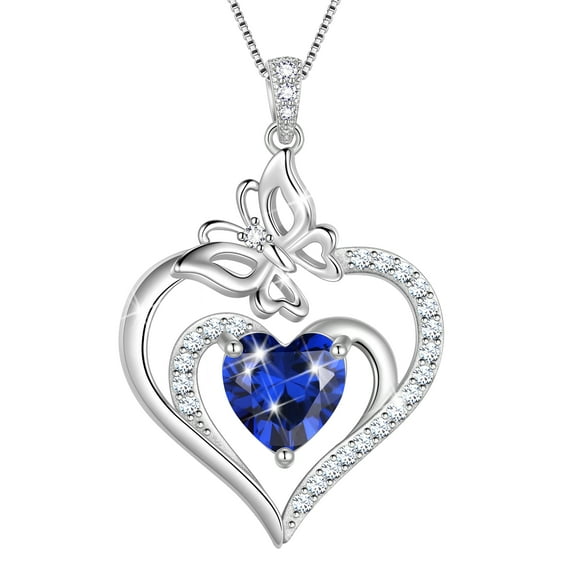 Beautlace 925 Sterling Silver Heart September Sapphire Birthstone Necklace,Butterfly Pendant Necklace Cute Animal Jewelry Birthday Christmas Valentines Gifts for Women