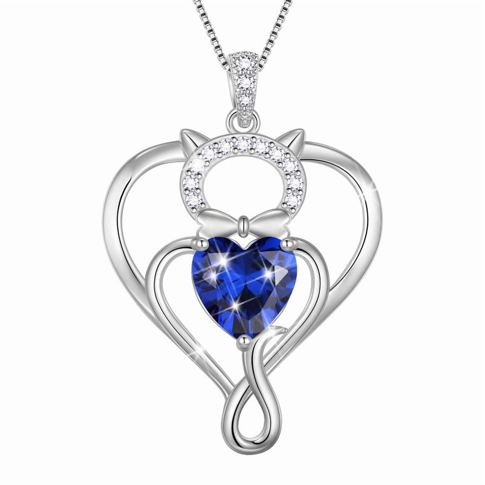Beautlace 925 Sterling Silver Heart September Sapphire Birthstone Necklace,Cat Pendant Necklace Cute Animal Jewelry Birthday Christmas Valentines Gifts for Women