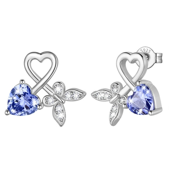 Beautlace 925 Sterling Silver Heart Stud Earrings, Butterfly December Birthstone Earrings Jewelry,Birthday Christmas Anniversary Gift for Women/Mom/Wife