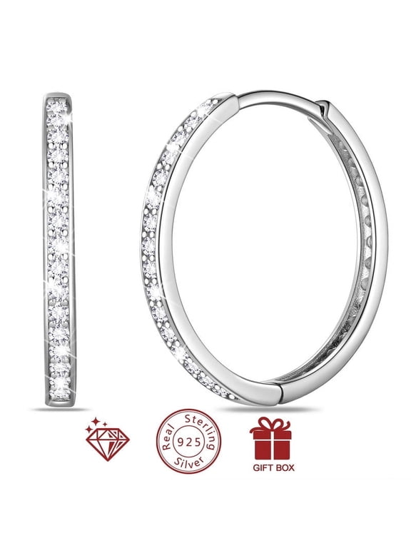 925 Sterling Silver Hoop Earrings for Women, 24mm Classic Earrings Hoops 14k White Gold over Sterling Silver with 5A Cubic Zirconia Christmas Birthday Jewelry Gift for Her