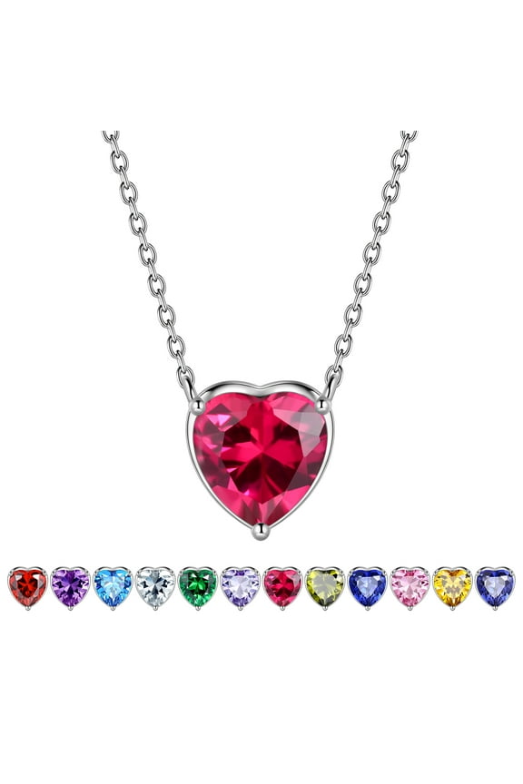 925 Sterling Silver July Birthstone Necklace,Hearts Love Pendant Small Women 925 Sterling Silver Jul. Ruby Heart Stone Birth Necklace,Birthday Gift Present Minimalist Jewelry