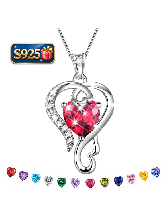 925 Sterling Silver Heart Necklace for Women,Love Heart July Ruby Red Birthstone Pendant Jewelry Gift for Mom Wife Girlfriend, Anniversary Birthday Christmas Mother's Day Gift