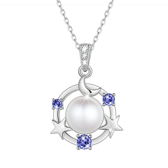 Beautlace 925 Sterling Silver Moon Star Birthstone Necklace,Natural Pearl Pendant Necklace Jewelry,Birthday Christmas Anniversary Gift for Women/Mom/Wife