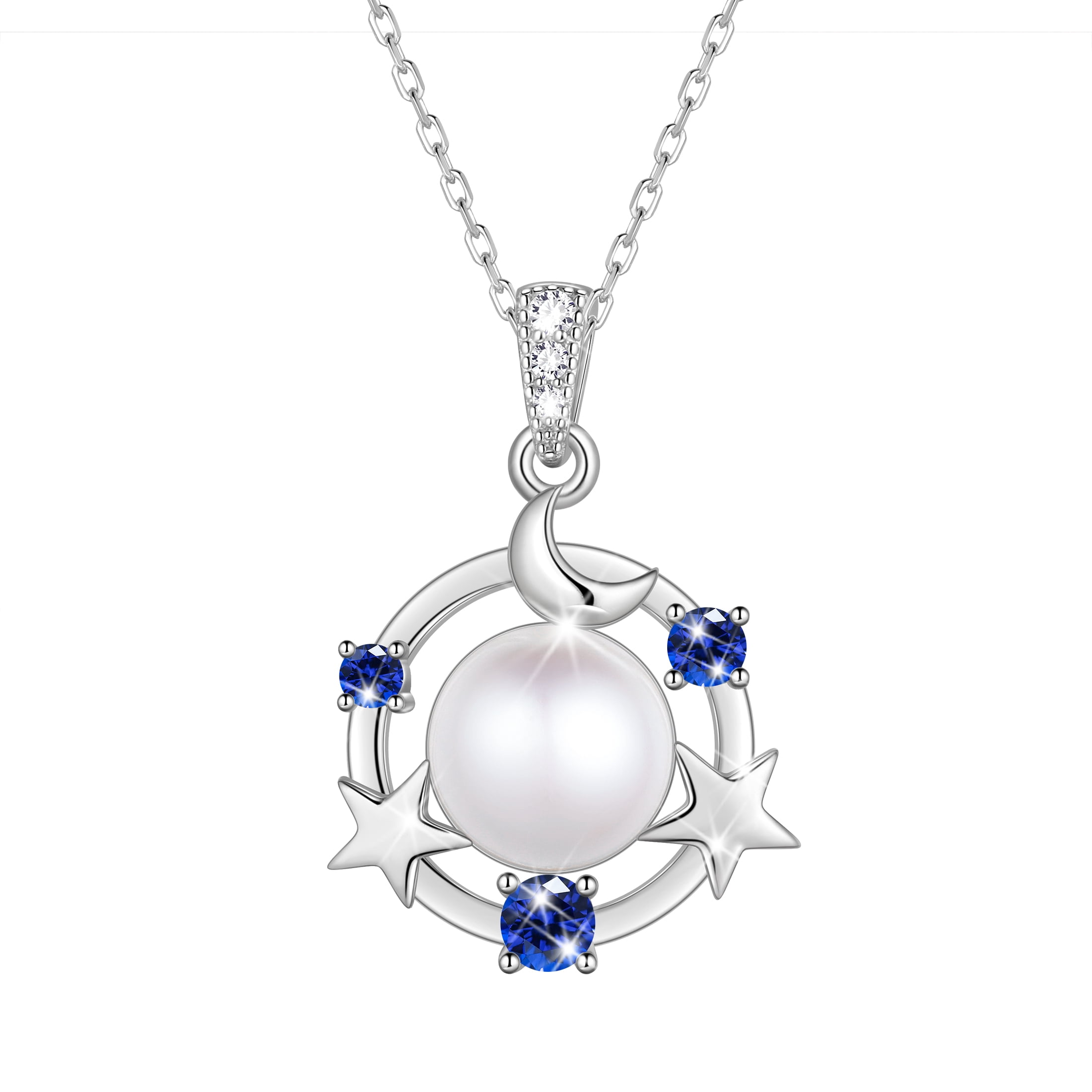 Beautlace 925 Sterling Silver Moon Star Birthstone Necklace,Natural Pearl Pendant Necklace Jewelry,Birthday Christmas Anniversary Gift for Women/Mom/Wife