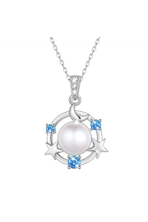925 Sterling Silver Moon Star Birthstone Necklace,Natural Pearl Pendant Necklace Jewelry,Birthday Christmas Anniversary Gift for Women/Mom/Wife