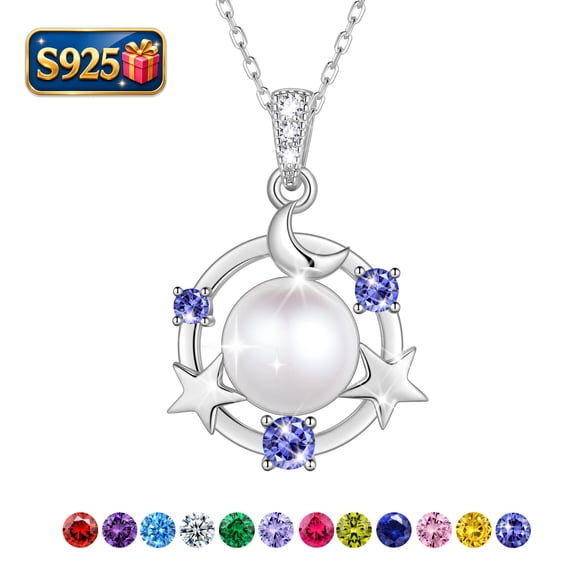 Beautlace 925 Sterling Silver Moon Star Birthstone Necklace,Natural Pearl Pendant Necklace Jewelry,Birthday Christmas Anniversary Gift for Women/Mom/Wife