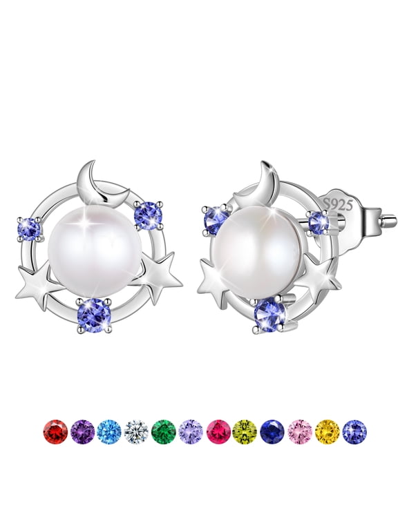 925 Sterling Silver Moon Star Stud Earrings, Natural Pearl December Birthstone Earrings Jewelry,Birthday Christmas Anniversary Gift for Women/Mom/Wife Stocking Stuffers Ideas