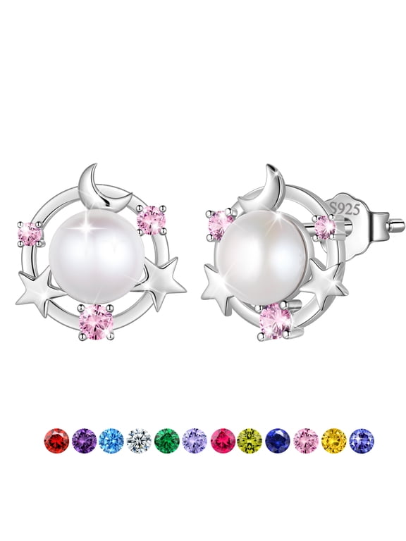 925 Sterling Silver Moon Star Stud Earrings, Natural Pearl October Birthstone Earrings Jewelry,Birthday Christmas Anniversary Gift for Women/Mom/Wife Stocking Stuffers Ideas