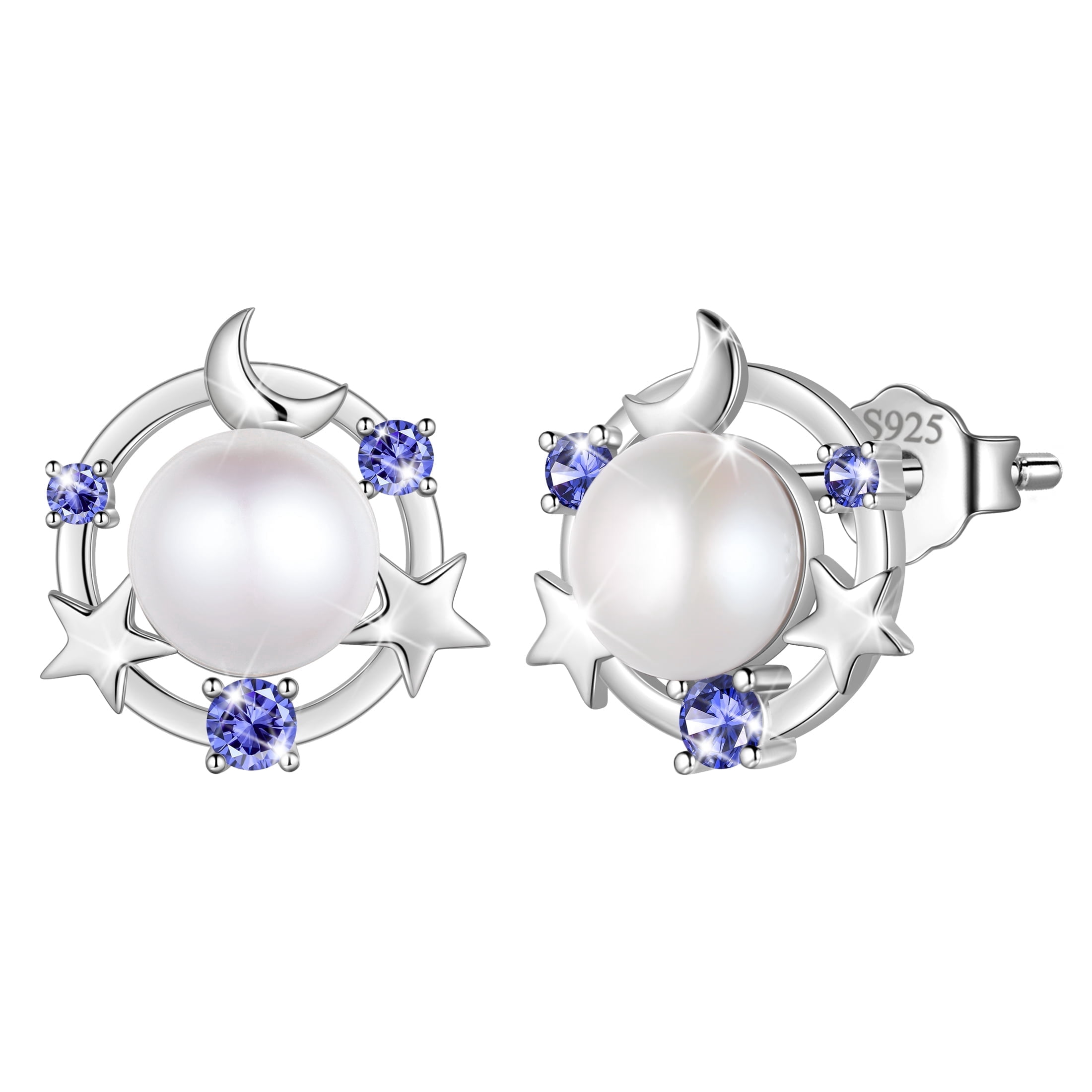 Beautlace 925 Sterling Silver Moon Star Stud Earrings, Natural Pearl Birthstone Earrings Jewelry,Birthday Christmas Anniversary Gift for Women/Mom/Wife