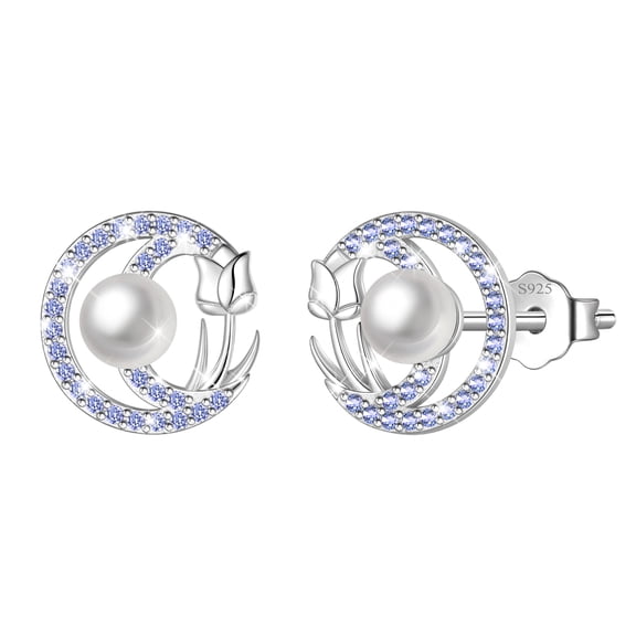 Beautlace 925 Sterling Silver Pearl Birthstone Stud Earrings for Women, Circle Halo Flower Crystal Earrings Jewelry Gift for Wife Mom Girlfriend,Birthday Valentine’s Day Mother’s Day Gift