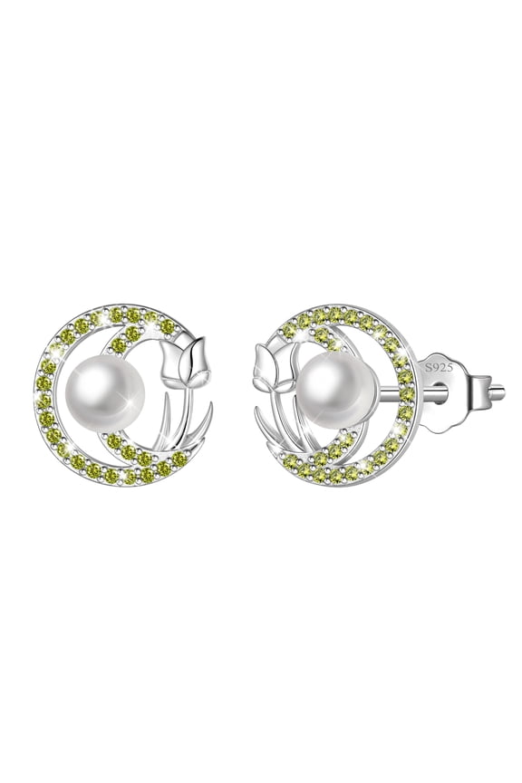 925 Sterling Silver Pearl Birthstone Stud Earrings for Women, Circle Halo Flower Crystal Earrings Jewelry Gift for Wife Mom Girlfriend,Birthday Valentine’s Day Mother’s Day Gift