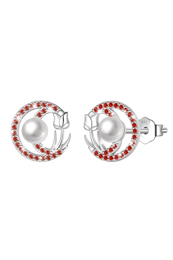 925 Sterling Silver Pearl Birthstone Stud Earrings for Women, Circle Halo Flower Crystal Earrings Jewelry Gift for Wife Mom Girlfriend,Birthday Valentine’s Day Mother’s Day Gift
