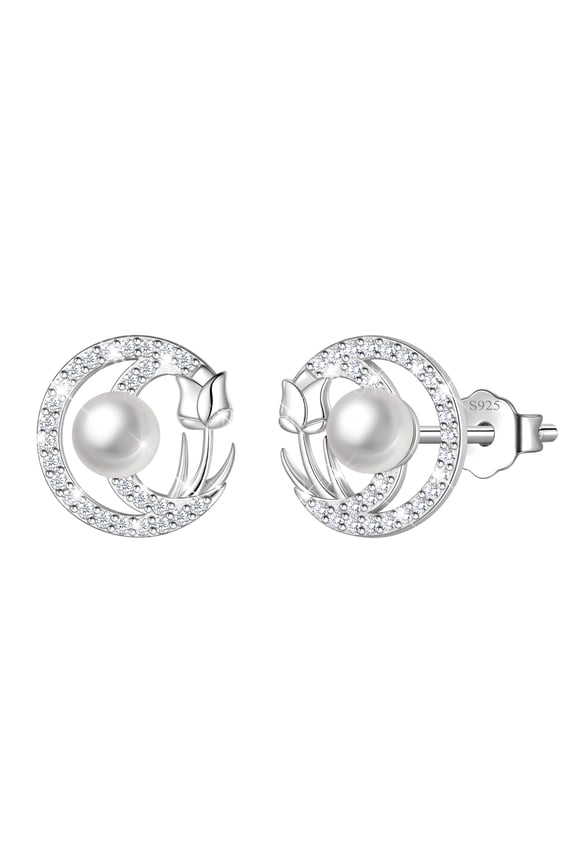 925 Sterling Silver Pearl Birthstone Stud Earrings for Women, Circle Halo Flower Crystal Earrings Jewelry Gift for Wife Mom Girlfriend,Birthday Valentine’s Day Mother’s Day Gift
