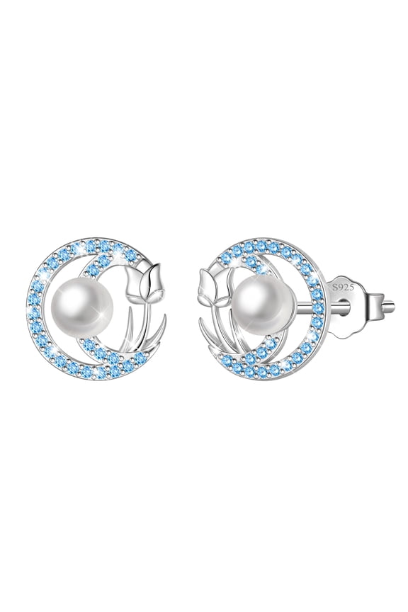 925 Sterling Silver Pearl Birthstone Stud Earrings for Women, Circle Halo Flower Crystal Earrings Jewelry Gift for Wife Mom Girlfriend,Birthday Valentine’s Day Mother’s Day Gift