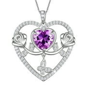Beautlace 925 Sterling Silver Rose Heart Necklace,Butterfly Flower Pendant Necklace Jewelry Birthday Christmas Valentines Gifts for Women -February