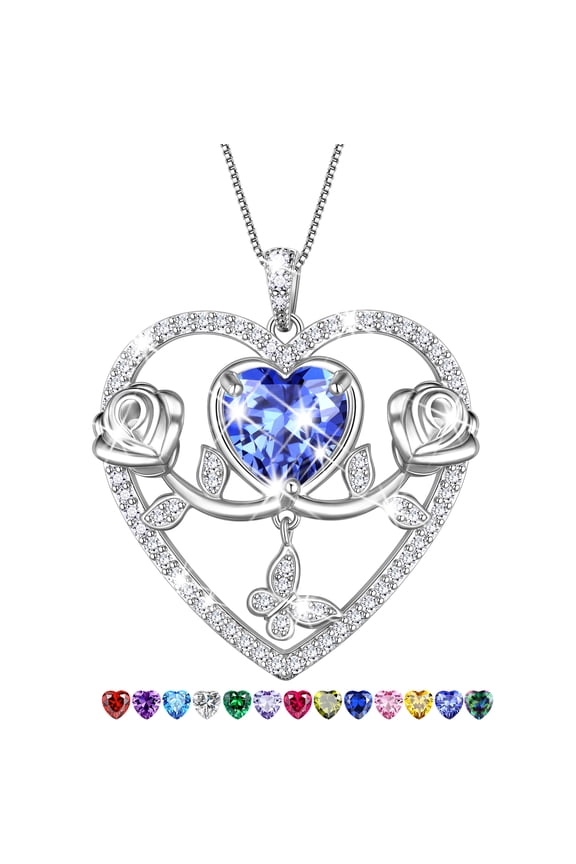 925 Sterling Silver Rose Heart Necklace,Butterfly Flower Pendant Necklace Jewelry Birthday Christmas Valentines Mother's Day Gifts for Women Mom Wife -December