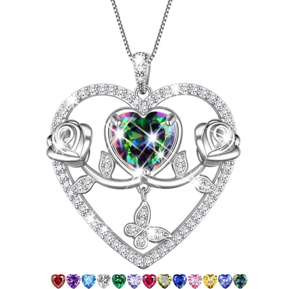 Beautlace 925 Sterling Silver Rose Heart Necklace,Butterfly Flower Pendant Necklace Jewelry Birthday Christmas Valentines Mother's Day Gifts for Women Mom Wife -Mystic Topaz