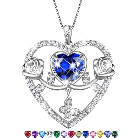 Beautlace 925 Sterling Silver Rose Heart Necklace,Butterfly Flower Pendant Necklace Jewelry Birthday Christmas Valentines Mother's Day Gifts for Women Mom Wife -September