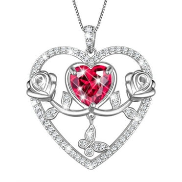 Beautlace 925 Sterling Silver Rose Heart Necklace,Butterfly Flower Pendant Necklace Jewelry Birthday Christmas Valentines Mother's Day Gifts for Women Mom Wife -July