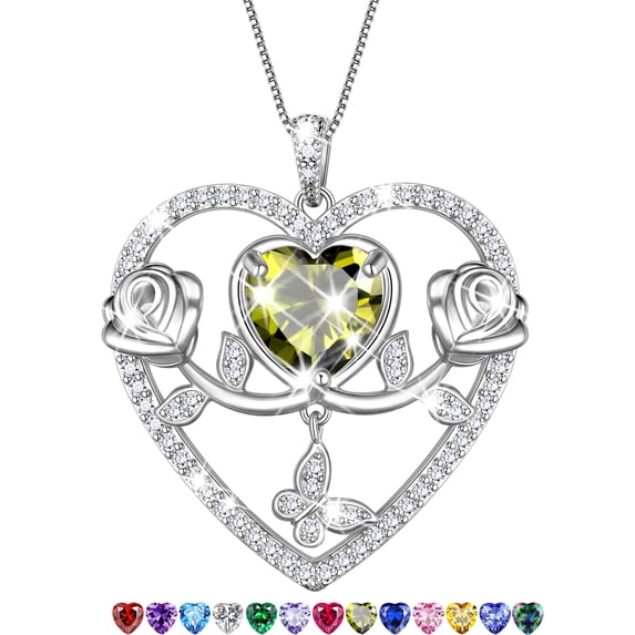 Beautlace 925 Sterling Silver Rose Heart Necklace,Butterfly Flower Pendant Necklace Jewelry Birthday Christmas Valentines Mother's Day Gifts for Women Mom Wife -August