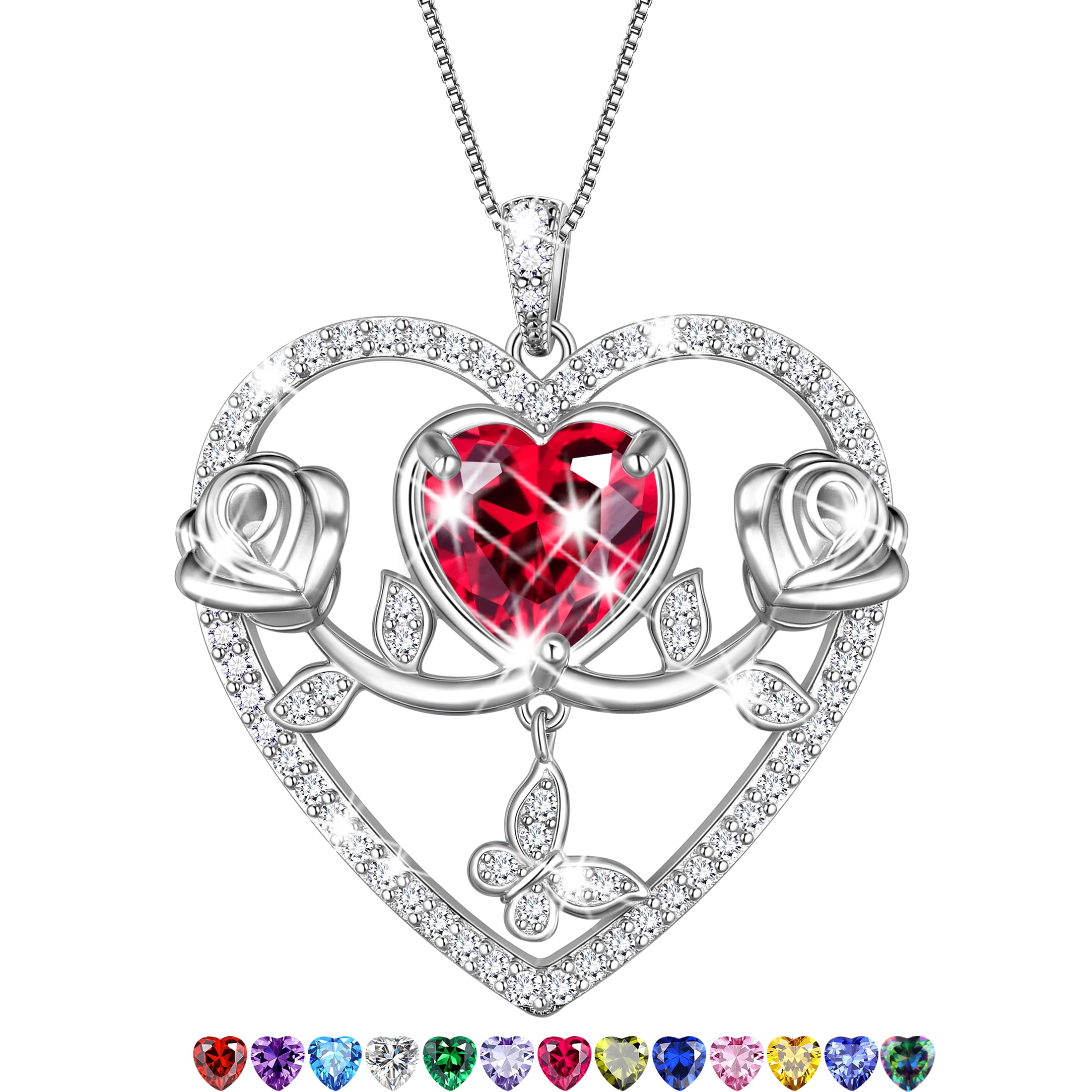 Beautlace 925 Sterling Silver Rose Heart Necklace,Butterfly Flower Pendant Necklace Jewelry Birthday Christmas Valentines Mother's Day Gifts for Women Mom Wife -July