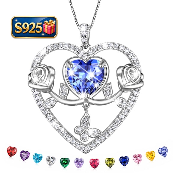 Beautlace 925 Sterling Silver Rose Heart Necklace,Butterfly Flower Pendant Necklace Jewelry Birthday Christmas Valentines Mother's Day Gifts for Women Mom Wife -December