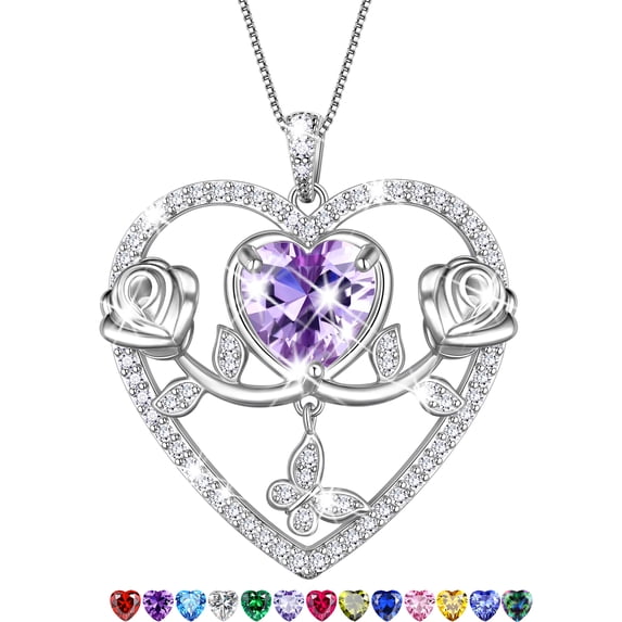 Beautlace 925 Sterling Silver Rose Heart Necklace,Butterfly Flower Pendant Necklace Jewelry Birthday Christmas Valentines Mother's Day Gifts for Women Mom Wife -June