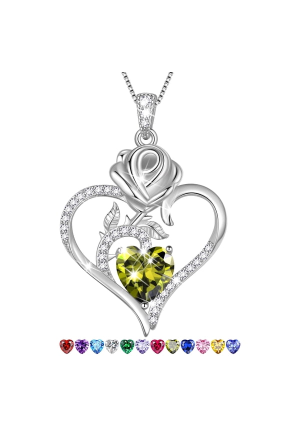 925 Sterling Silver Rose Heart Necklace,Rose Flower Pendant Necklace Jewelry Birthday Christmas Valentines Mother's Day Gifts for Women Mom-August