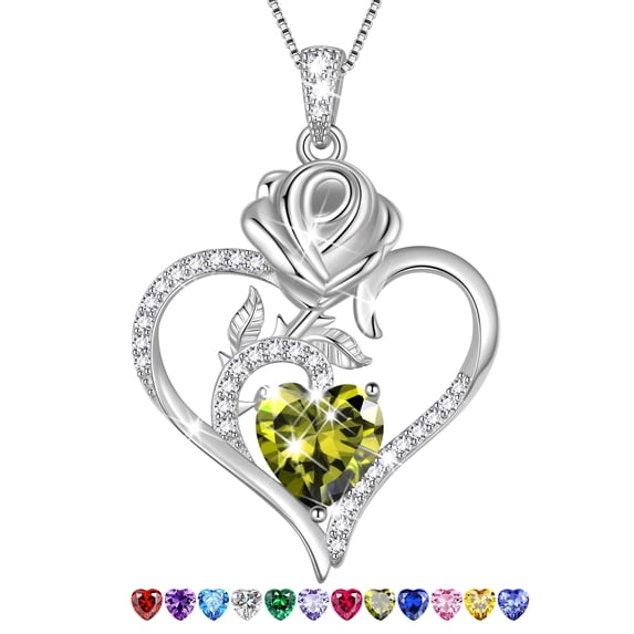 Beautlace 925 Sterling Silver Rose Heart Necklace,Rose Flower Pendant Necklace Jewelry Birthday Christmas Valentines Mother's Day Gifts for Women Mom-August