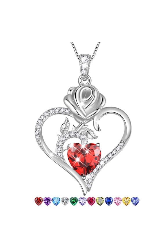 925 Sterling Silver Rose Heart Necklace,Rose Flower Pendant Necklace Jewelry Birthday Christmas Valentines Mother's Day Gifts for Women Mom-January