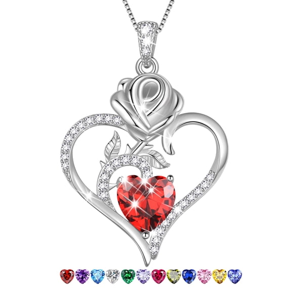 Beautlace 925 Sterling Silver Rose Heart Necklace,Rose Flower Pendant Necklace Jewelry Birthday Christmas Valentines Mother's Day Gifts for Women Mom-January