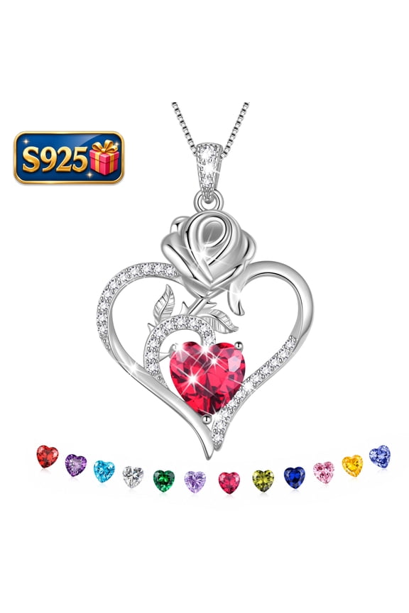 925 Sterling Silver Rose Heart Necklace,Rose Flower Pendant Necklace Jewelry Birthday Christmas Valentines Mother's Day Gifts for Women Mom-July