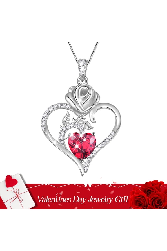 925 Sterling Silver Rose Heart Necklace,Rose Flower Pendant Necklace Jewelry Birthday Christmas Valentines Mother's Day Gifts for Women Mom-July