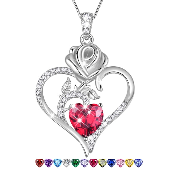 Beautlace 925 Sterling Silver Rose Heart Necklace,Rose Flower Pendant Necklace Jewelry Birthday Christmas Valentines Mother's Day Gifts for Women Mom-July