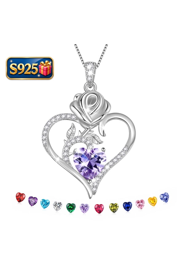 925 Sterling Silver Rose Heart Necklace,Rose Flower Pendant Necklace Jewelry Birthday Christmas Valentines Mother's Day Gifts for Women Mom-June