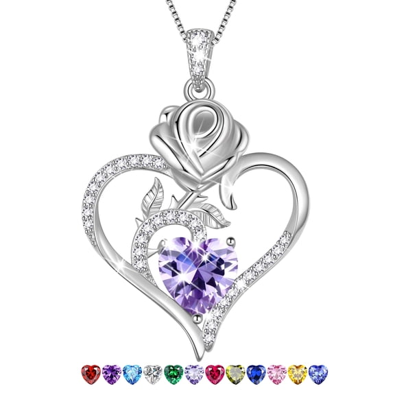 Beautlace 925 Sterling Silver Rose Heart Necklace,Rose Flower Pendant Necklace Jewelry Birthday Christmas Valentines Mother's Day Gifts for Women Mom-June