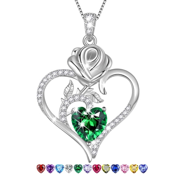 Beautlace 925 Sterling Silver Rose Heart Necklace,Rose Flower Pendant Necklace Jewelry Birthday Christmas Valentines Mother's Day Gifts for Women Mom-May