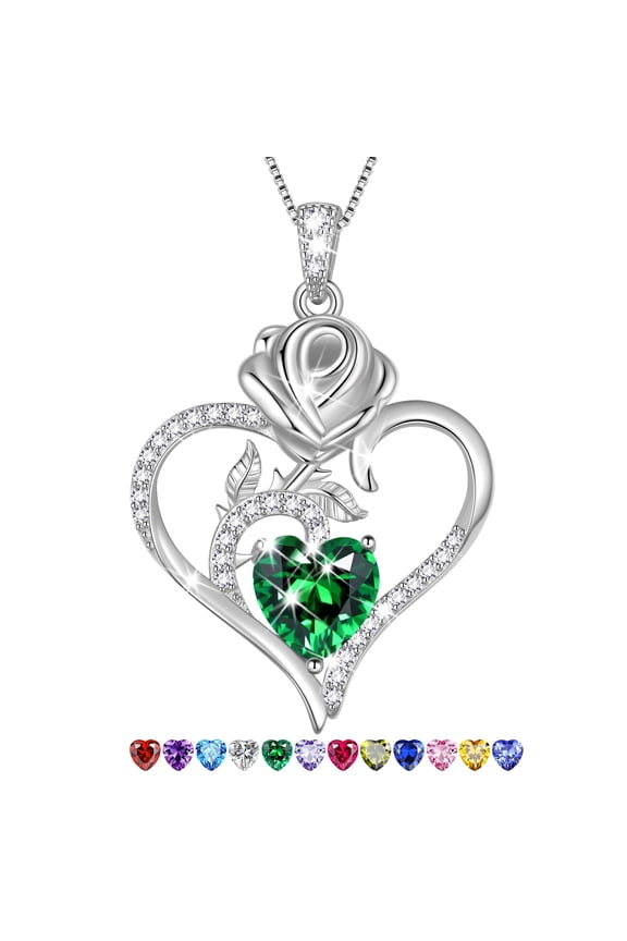 925 Sterling Silver Rose Heart Necklace,Rose Flower Pendant Necklace Jewelry Birthday Christmas Valentines Mother's Day Gifts for Women Mom-May