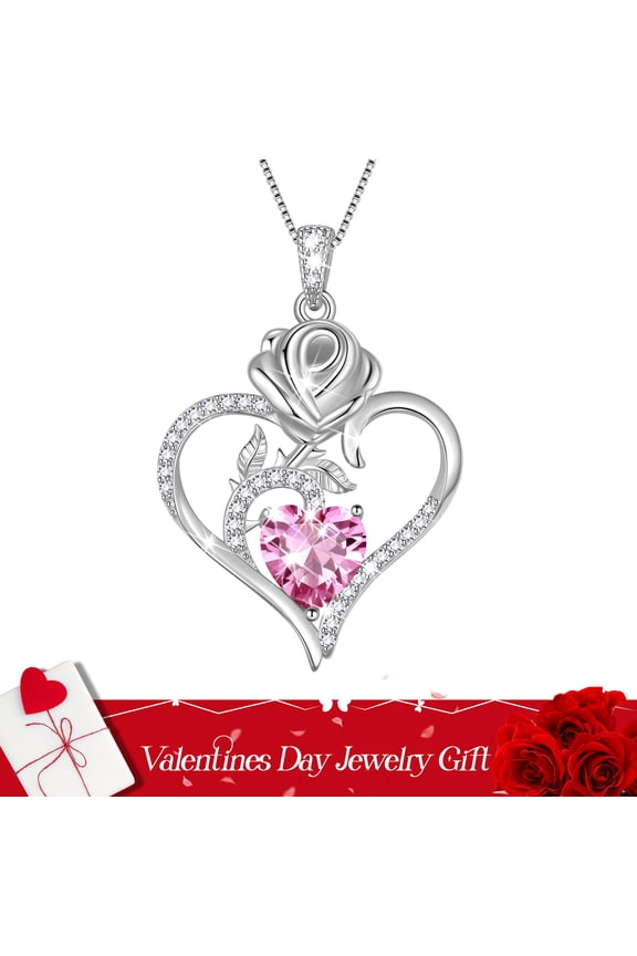 925 Sterling Silver Rose Heart Necklace,Rose Flower Pendant Necklace Jewelry Birthday Christmas Valentines Mother's Day Gifts for Women Mom-October