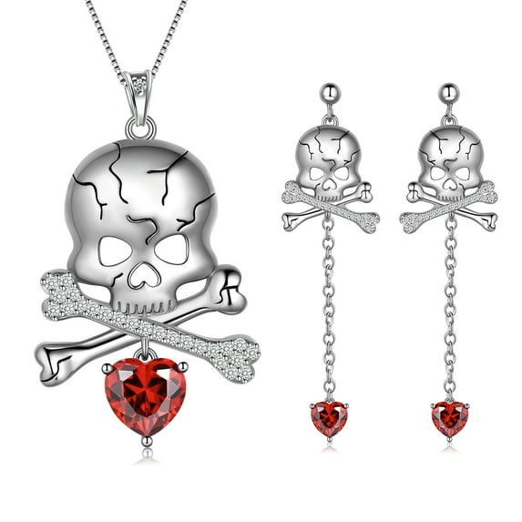 Beautlace 925 Sterling Silver Skull Jewelry Set,Halloween Skeleton Skull Pendant Necklace/Drop Dangle Earrings Gothic Vintage Skull Jewelry Set for Women