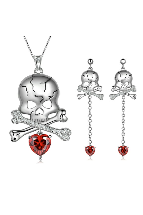 925 Sterling Silver Skull Jewelry Set,Halloween Skeleton Skull Pendant Necklace/Drop Dangle Earrings Gothic Vintage Skull Jewelry Set for Women
