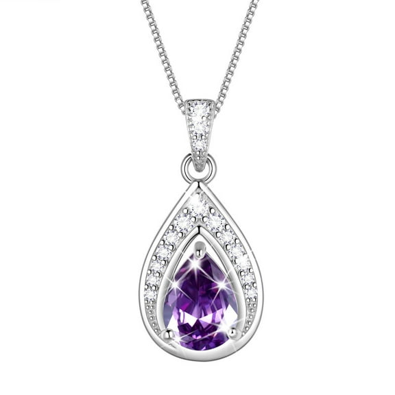 Beautlace 925 Sterling Silver Teardrop February Amethyst Birthstone Necklace,Pear Cut Pendant Necklace Jewelry Birthday Christmas Gifts for Women/ Wife /Lover