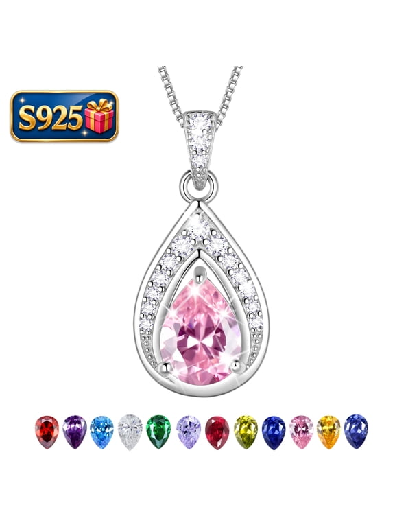 925 Sterling Silver Teardrop October Tourmaline Birthstone Necklace,Pear Cut Pendant Necklace Jewelry Birthday Christmas Gifts for Women/ Wife /Lover