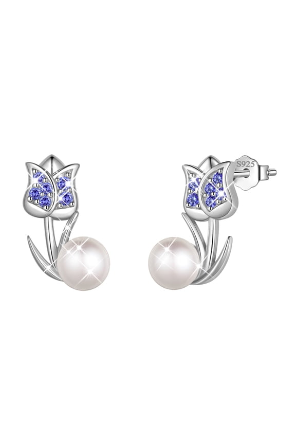 925 Sterling Silver Tulip Pearl Birthstone Stud Earrings for Women, Flower Birthstone Earrings Jewelry Gift for Wife Mom Girlfriend, Birthday Valentine’s Day Mother’s Day Gift