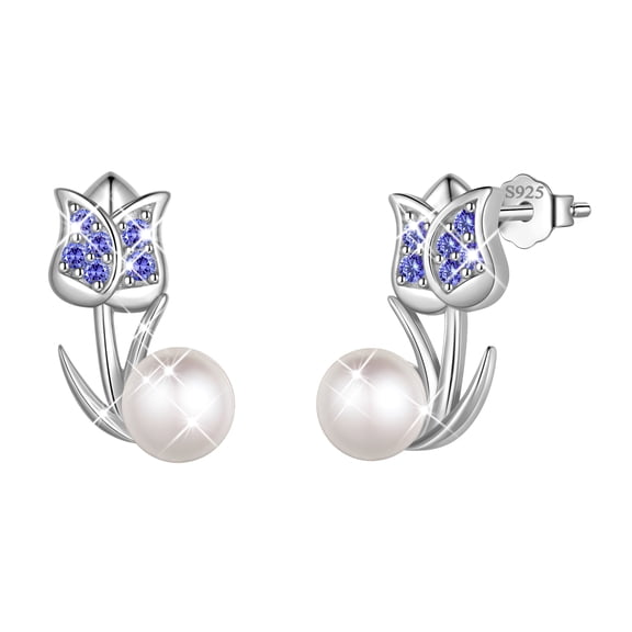 Beautlace 925 Sterling Silver Tulip Pearl Birthstone Stud Earrings for Women, Flower Birthstone Earrings Jewelry Gift for Wife Mom Girlfriend, Birthday Valentine’s Day Mother’s Day Gift