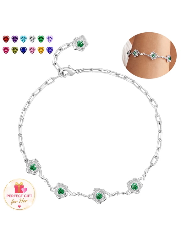 Birthstone Bracelet for Women,18K White Gold Plated May Emerald Adjustable Bracelets Jewelry Gift for Mom Wife Girlfriend Birthday Valentine’s Day Christmas Stocking Stuffers Adults