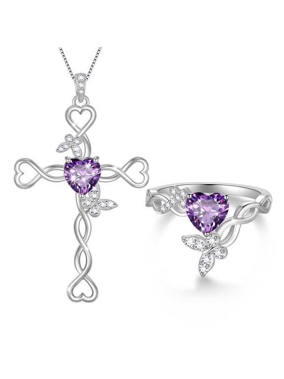 Birthstone Cross Necklace Ring Set for Women,18K White Gold Plated Heart Birthstone Jewelry Set,February Amethyst Birthstone Crystal Cross Pendant Ring Jewelry Gift for Mom Wife Girlfriend