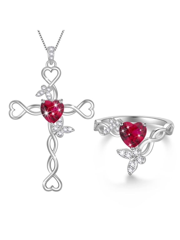Birthstone Cross Necklace Ring Set for Women,18K White Gold Plated Heart Birthstone Jewelry Set,July Ruby Birthstone Crystal Cross Pendant Ring Jewelry Gift for Mom Wife Girlfriend