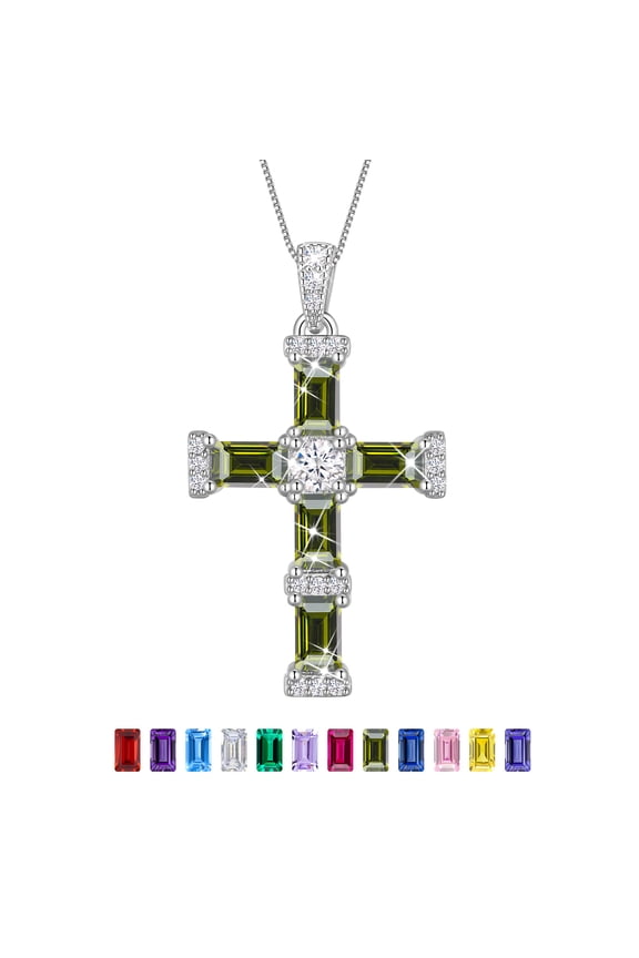 Birthstone Cross Necklace for Women,925 Sterling Silver Plated Cross Pendant,August Peridot Birthstone Necklace Jewelry Gift for Mom Wife Girlfriend Birthday Mother’s Day Christmas